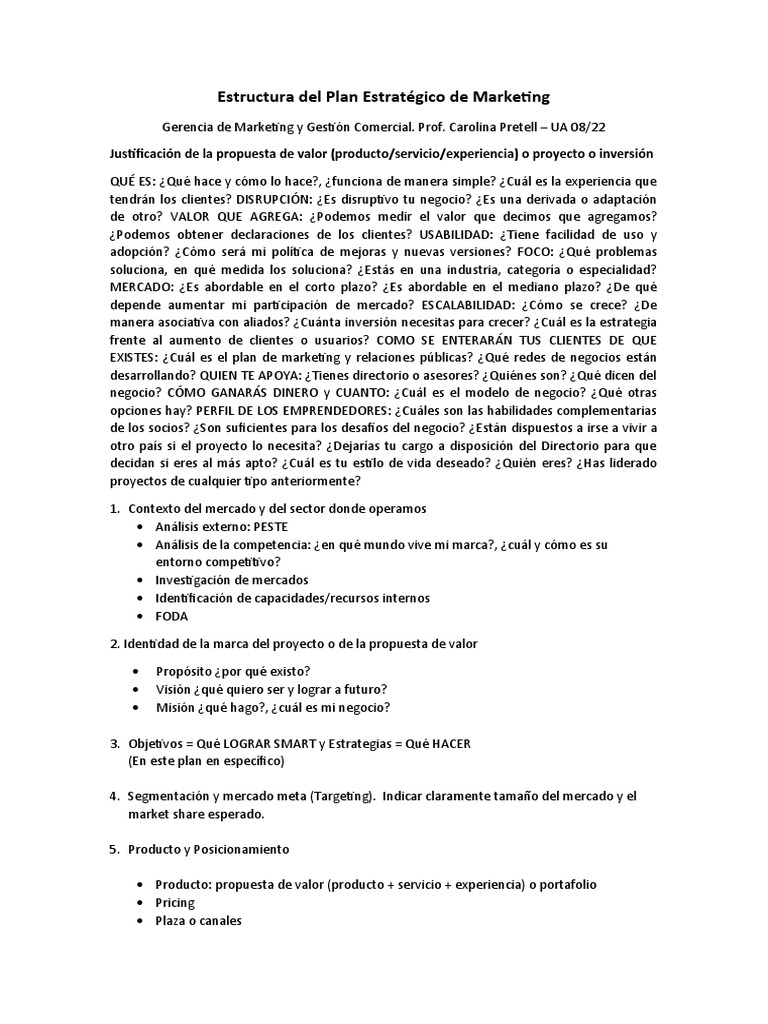 Estructura Del Plan Estratégico de Marketing Feb 2022 CP | PDF