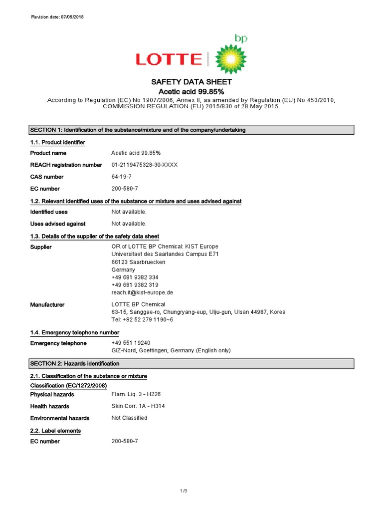 Acetic acidSDS 20629English PDF Toxicity Dangerous Goods