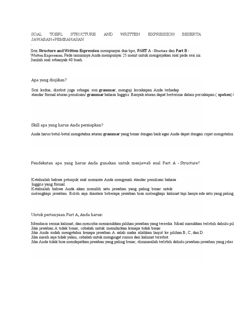 Soal toefl structure and written expression beserta jawaban pdf