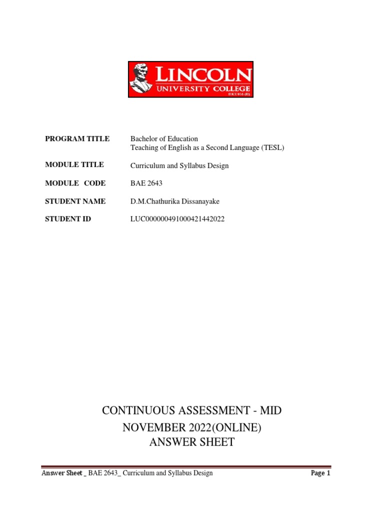 Answer Sheet Curriculum And Syllabus Design Pdf Curriculum Learning