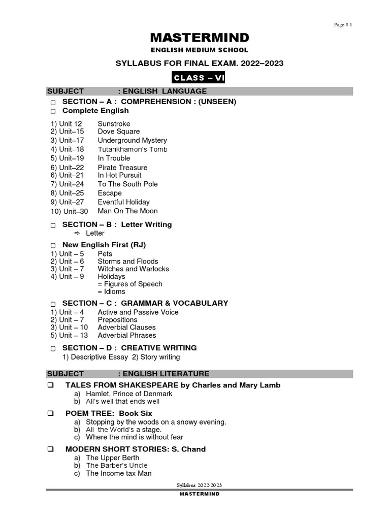 Class Vi Final Exam Syllabus 20222023 Utt PDF