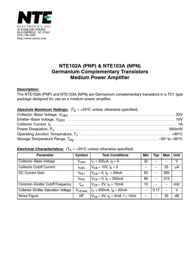 NTE102A & NTE103A Transistor Specs | PDF
