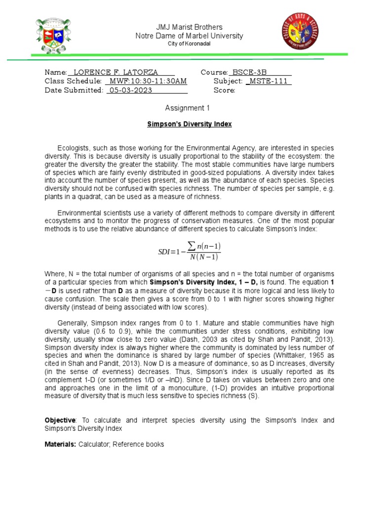 Calculating Simpson's Diversity Index | PDF | Biodiversity | Systems ...