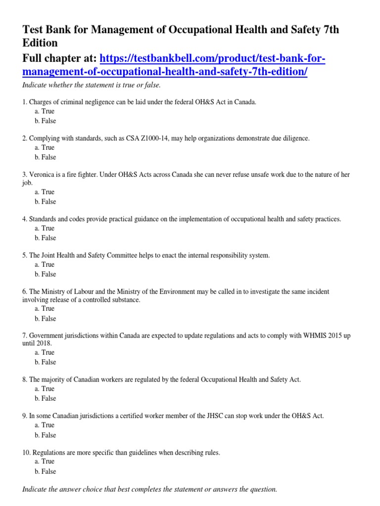 Test Bank For Management of Occupational Health and Safety 7th Edition