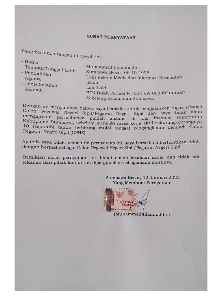 Surat Pernyataan Tidak Pindah | PDF
