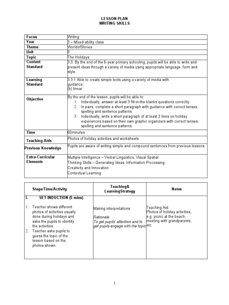 LESSON_PLAN_WRITING_SKILLS_Focus_Writing | PDF | Teachers | Lesson Plan