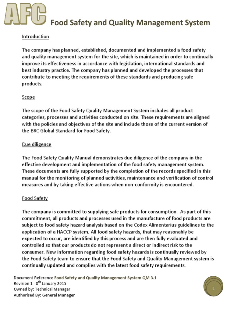 Food Safety And Quality Management System Pdf Food Safety Quality