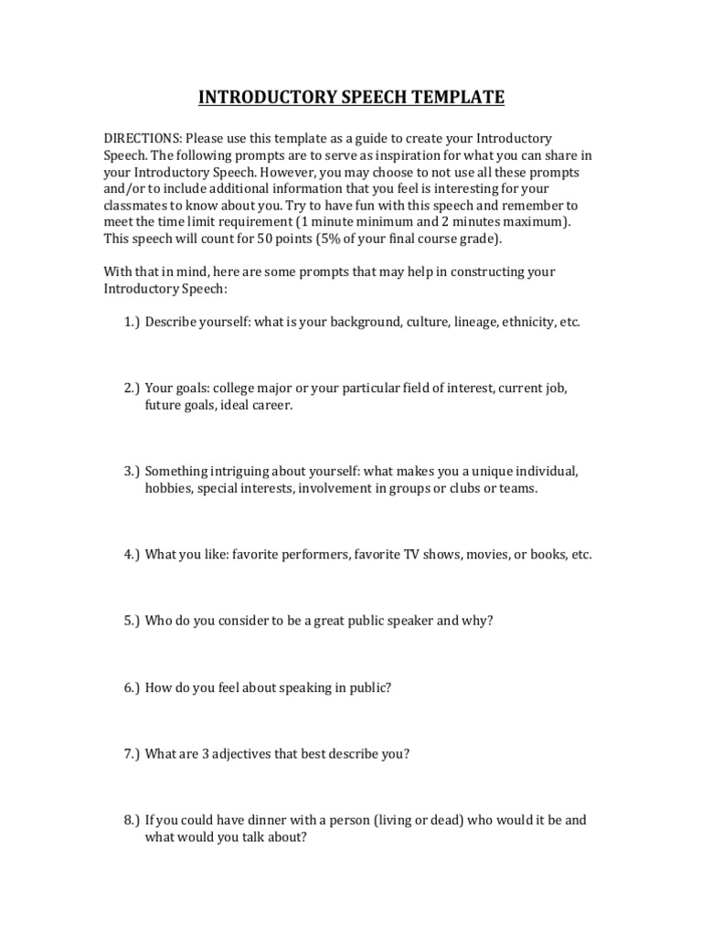 Introductory Speech Template PDF