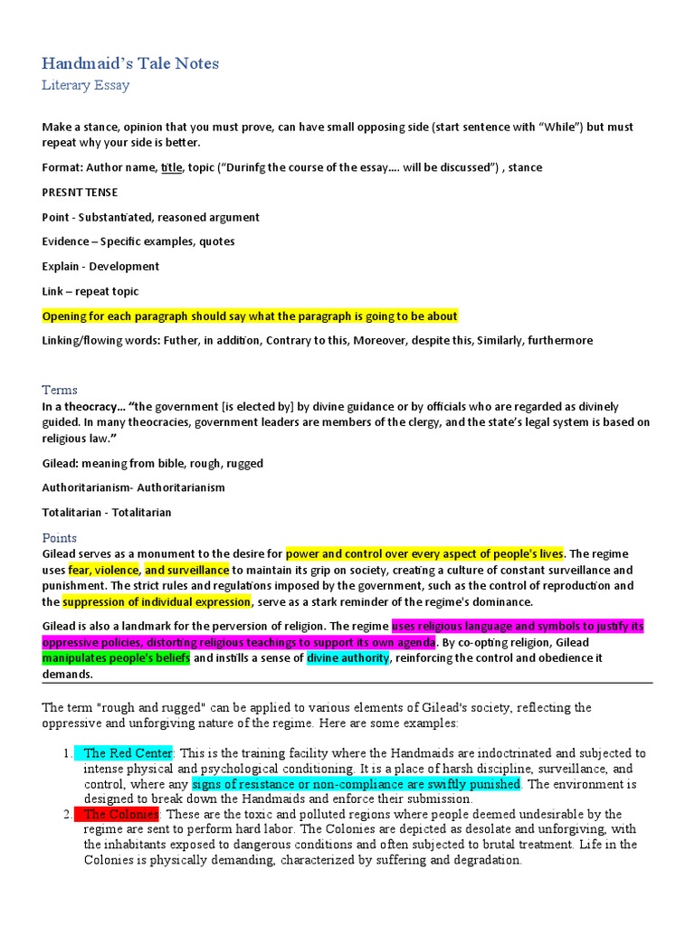 Handmaids Tale Personal Notes | PDF