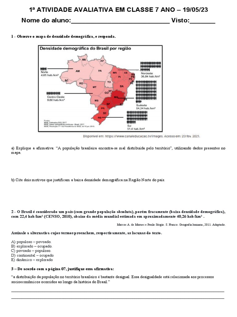 Atividade sobre População Brasileira 7º Ano | PDF | Brasil | População ...