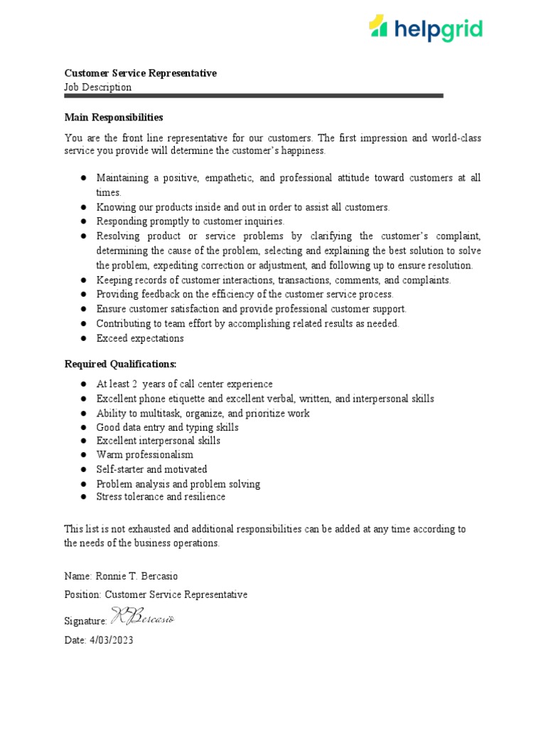 Ronnie Bercasio JD Customer Service Representative PDF