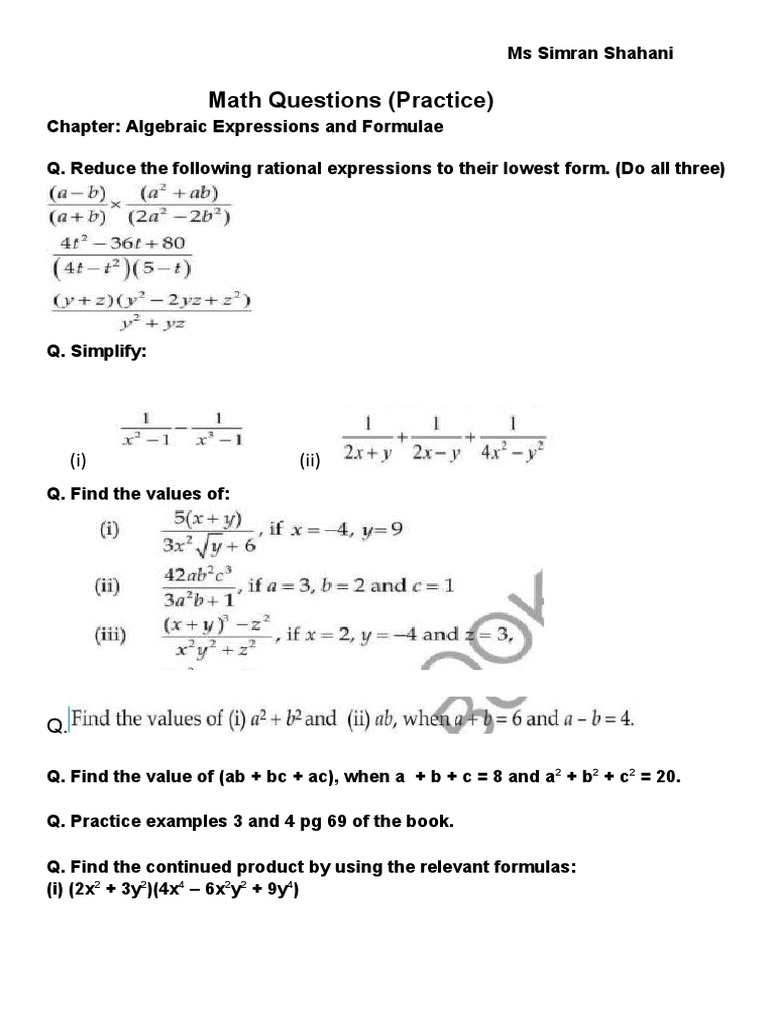 Algebraic Expressions Practice Questions | PDF