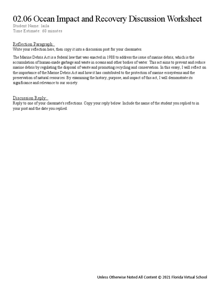 Marine Debris Act Reflection Worksheet | PDF | Law | Science & Mathematics