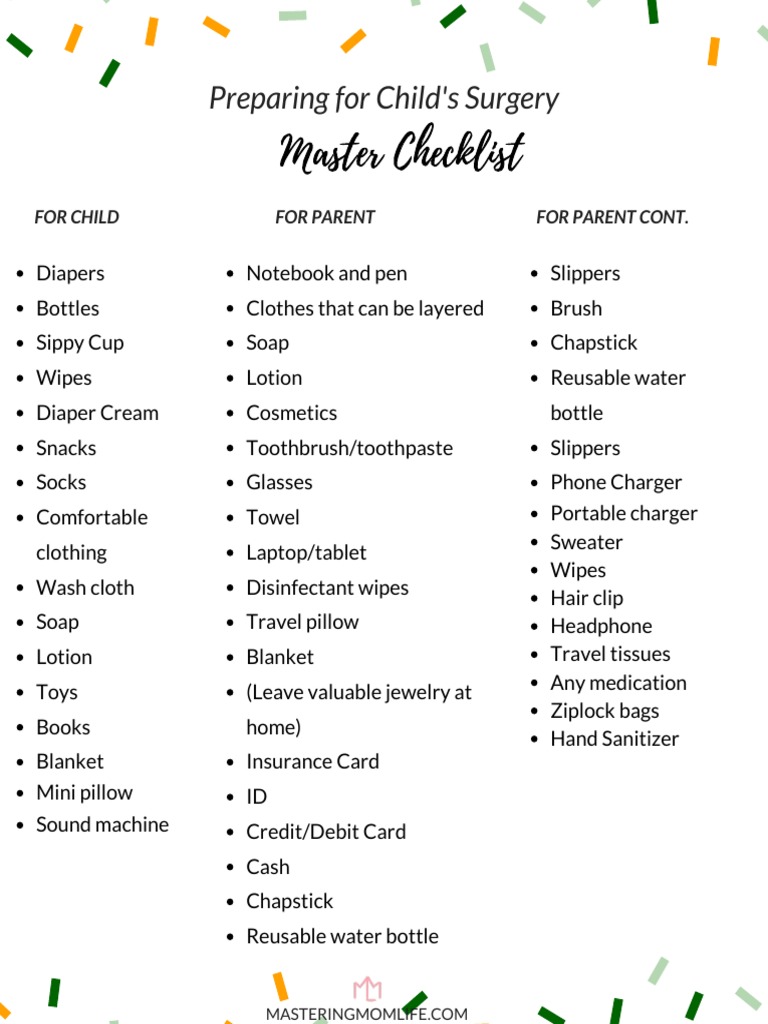 Preparing For Your Child's Surgery Master Checklist-1 | PDF | Consumer ...