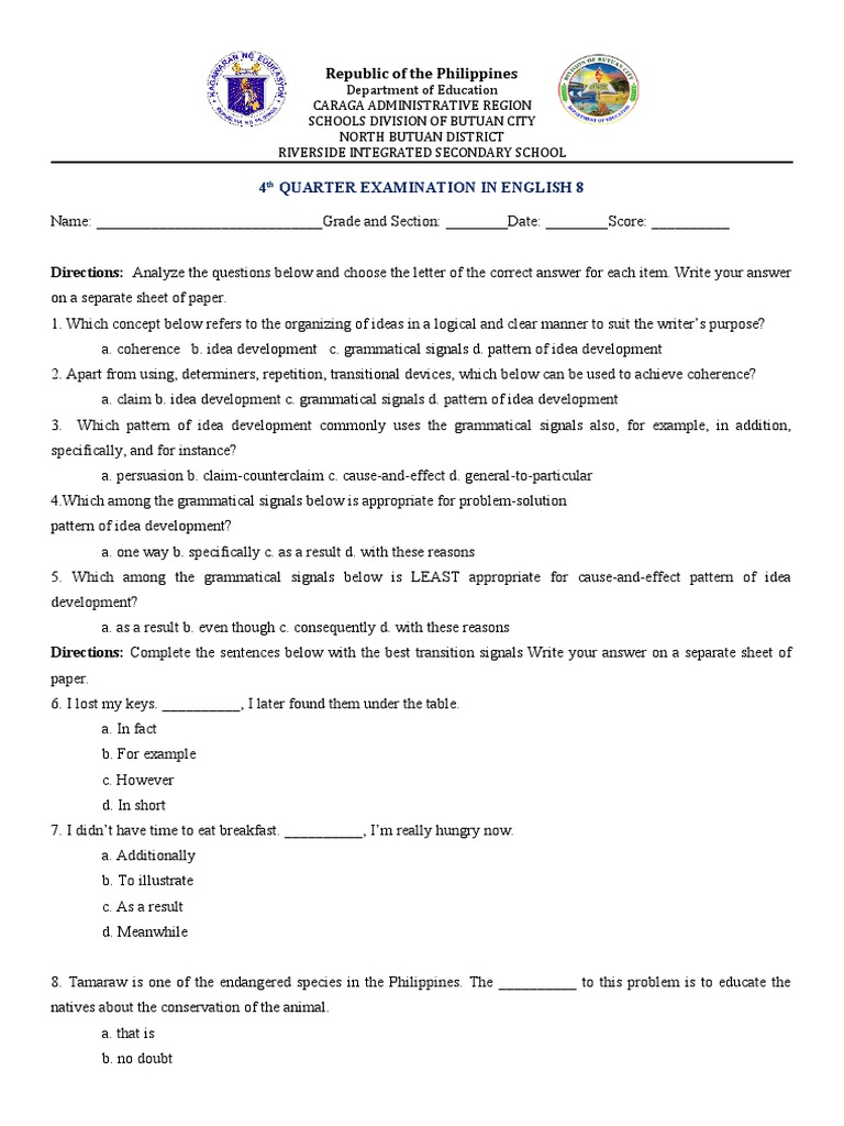 Eng Test Questions 4th Quarter PDF Smoking Cigarette