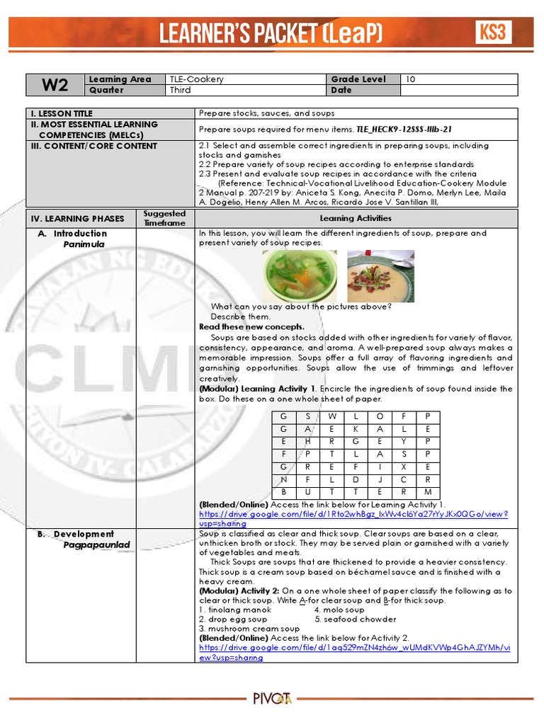 Tle Cookery10 Week2 Pdf Soup Foods