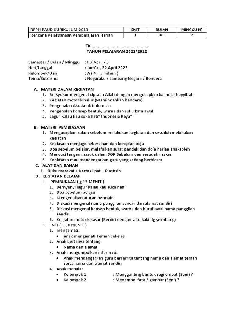 Contoh RPPH Paud | PDF