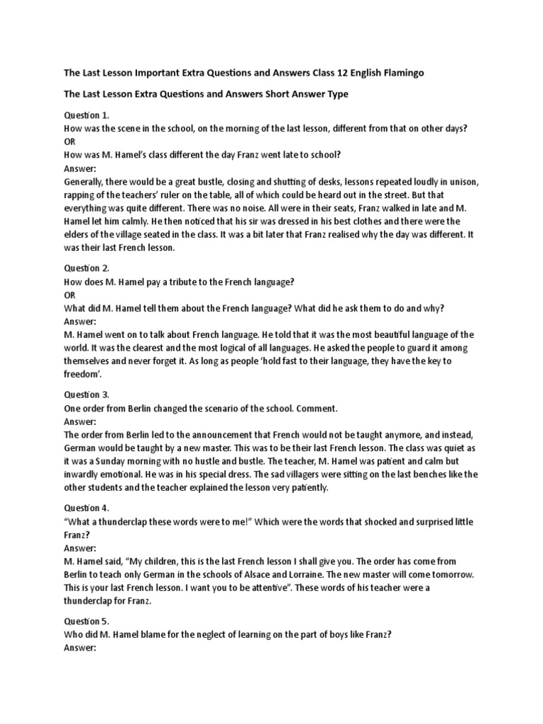 The Last Lesson Important Extra Questions and Answers Class 12 English