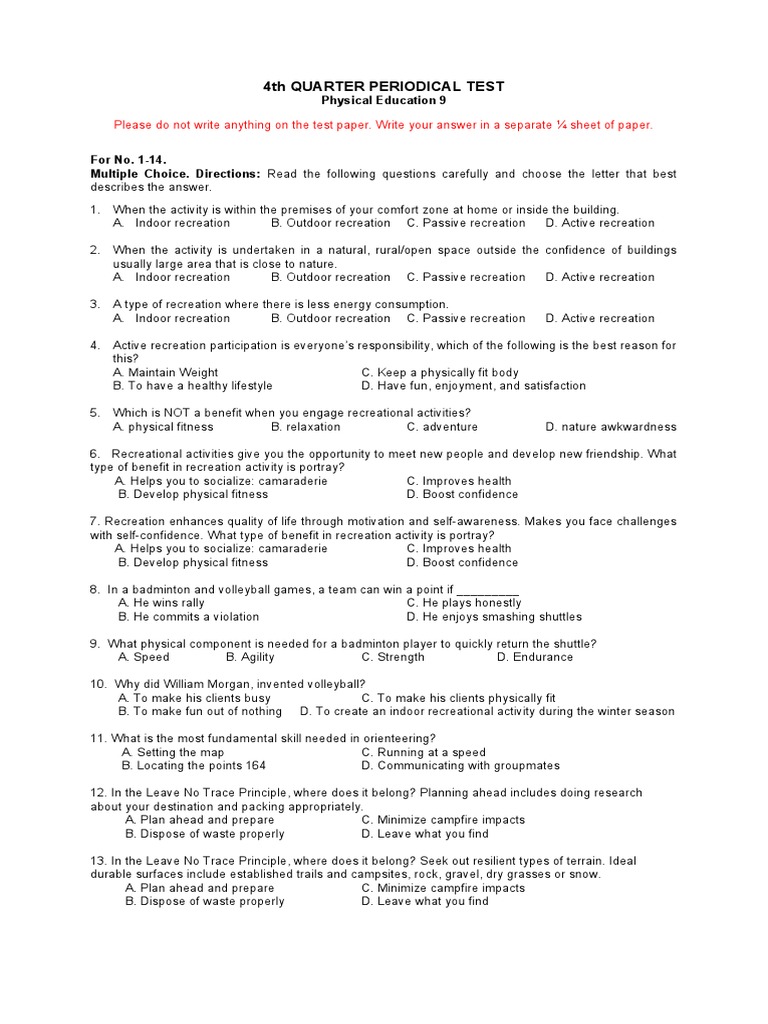 4th QUARTER PERIODICAL TESTPE PDF Recreation Physical Fitness