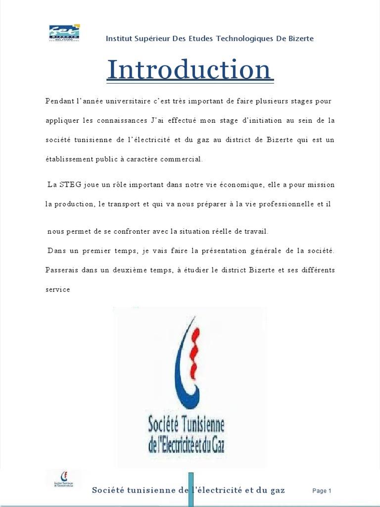 Stage à la STEG : Bizerte et ses services | PDF | Affaires ...