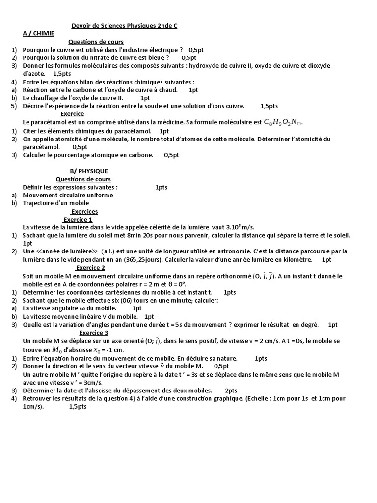 Devoir de Sciences Physiques 2nde C | PDF | Coordonnées cartésiennes ...