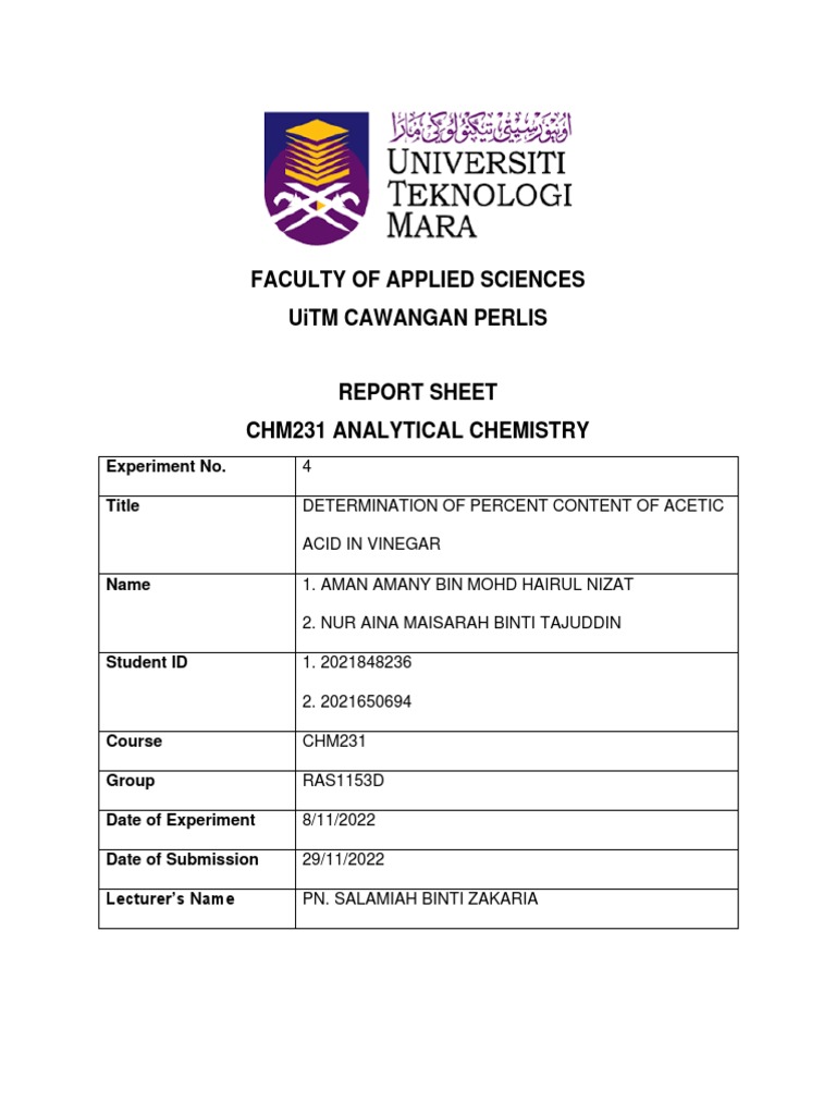 Lab Report Chm231 Exp 4 Pdf Titration Chemistry