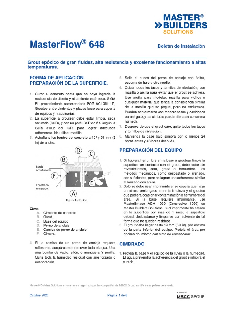 Instalación de Grout Epóxico MasterFlow 648 | PDF | Hormigón | Tornillo