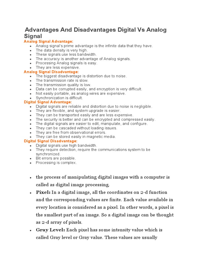 Advantages and Disadvantages Digital Vs Analog Signal PDF