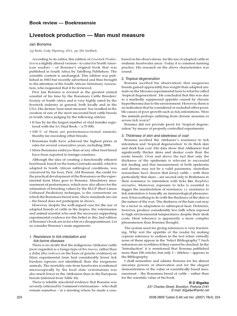 Livestock Production Man Must Measure Jan Bonsma PDF