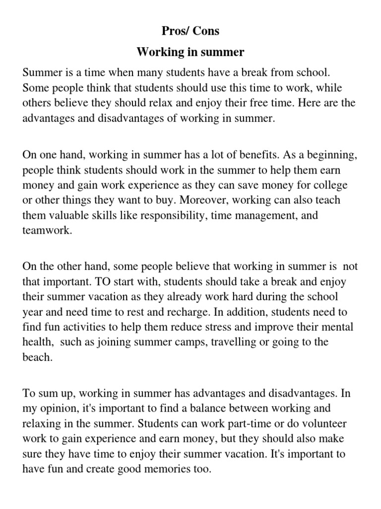 Pros and Cons Working in Summer | PDF