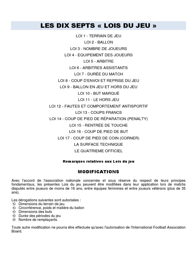 Les 17 Lois Du Jeu Owwu92 PDF Variantes de sport Code du football