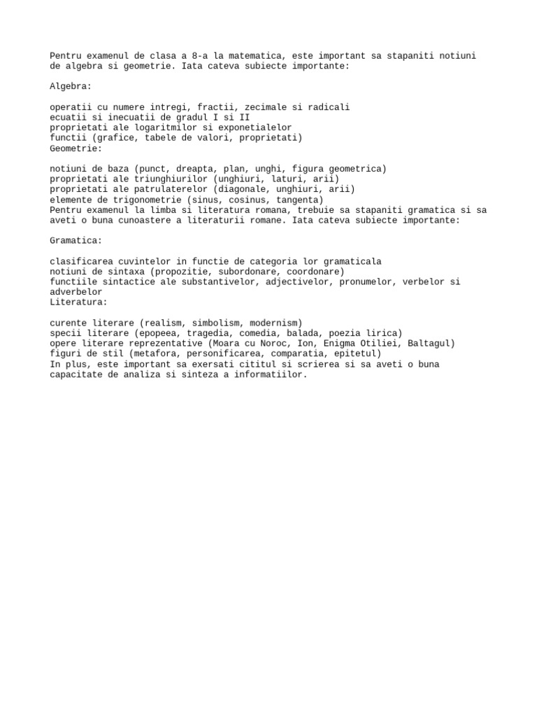Materia de Invatat Pentru Clasa A 8a Examen | PDF