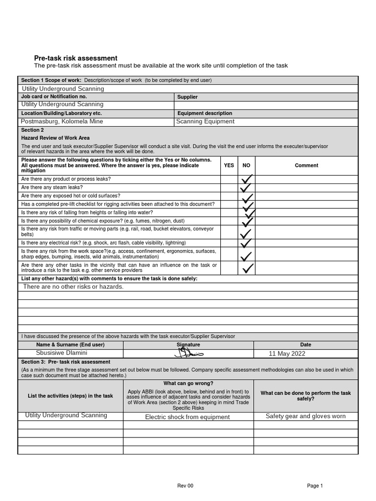 Pre task risk assessment 1 1 pdf