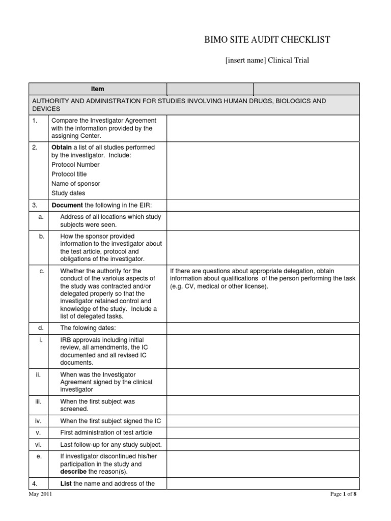 BIMO Site Audit Checklist for Clinical Trials | PDF | Institutional ...