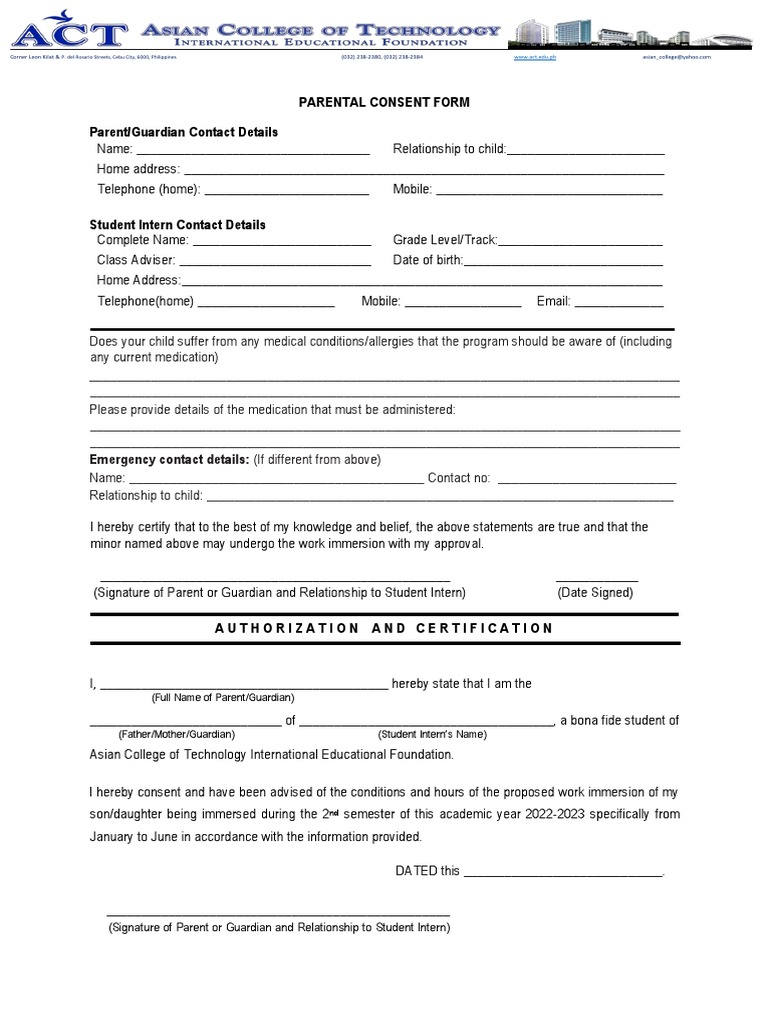 Parental Consent Form for Student Interns | PDF