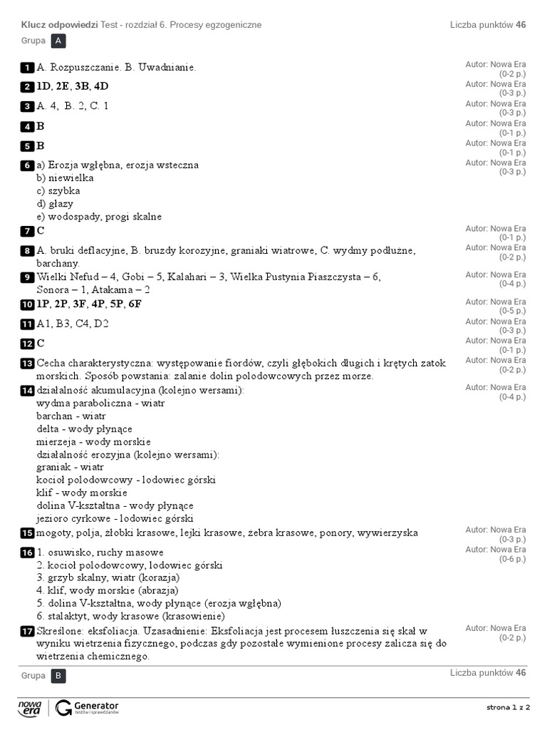 Unit 6 Test A Odpowiedzi Test Rozdział 6. Procesy Egzogeniczne Klucz Odpowiedzi 1 | PDF