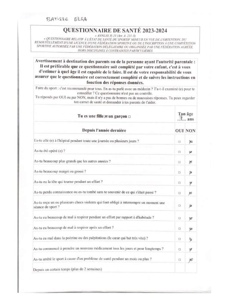 Questionnaire de Santé 2023-2024 3 | PDF