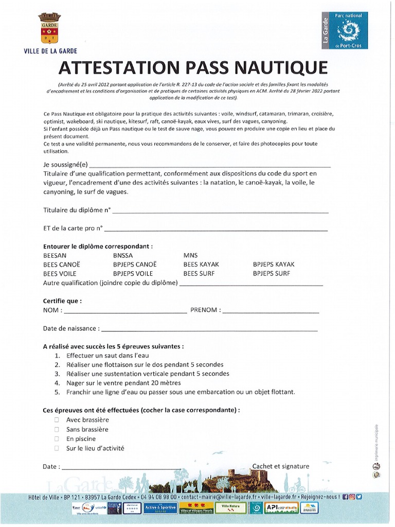Attestation Pass Nautique 2023 2024 PDF