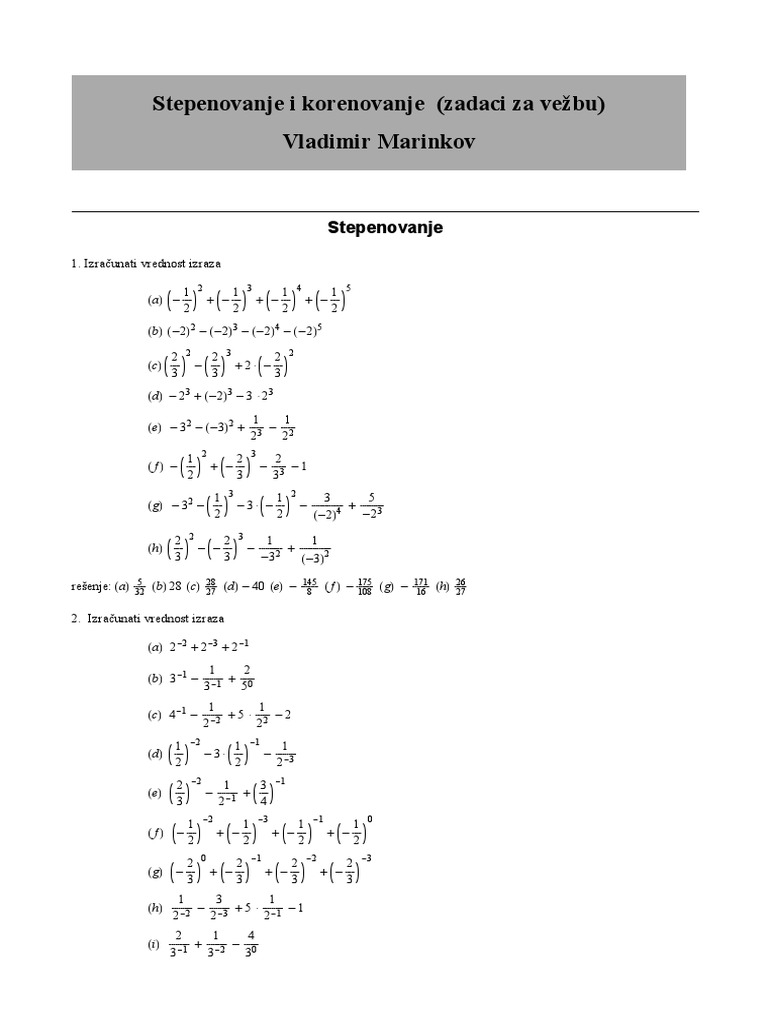 Stepenovane I Korenovane Zadaci Za Vezbu | PDF