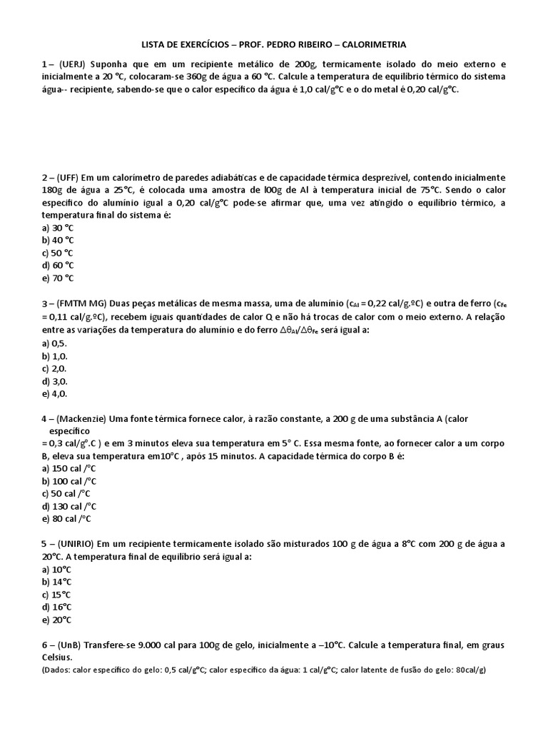 Lista de Exercícios - Calorimetria | PDF | Calor | Calorimetria