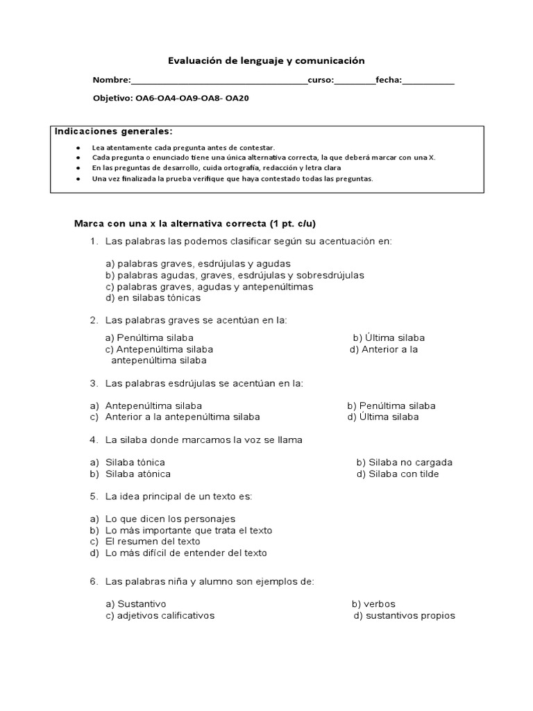 Evaluación de Lenguaje y Comunicación | PDF | Estudios de idiomas ...