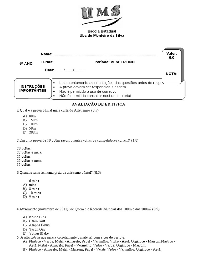 Prova 6º Ano | PDF