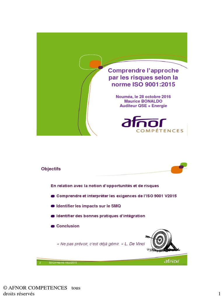 (AFNOR) 2016 - Présentation - Risques Vs ISO 9001 Nouméa | PDF | Risque ...