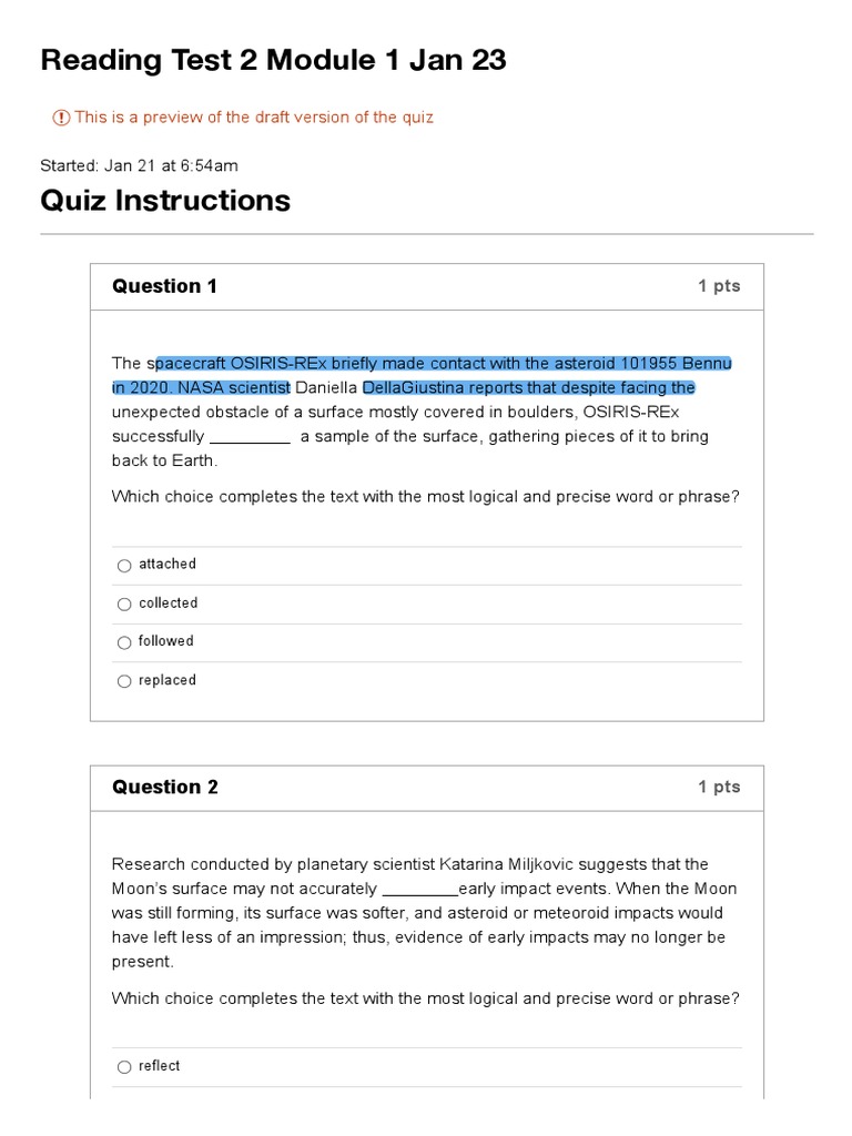 Reading Test 2 Module 1 Jan 23 | PDF | Comet | Organic Farming