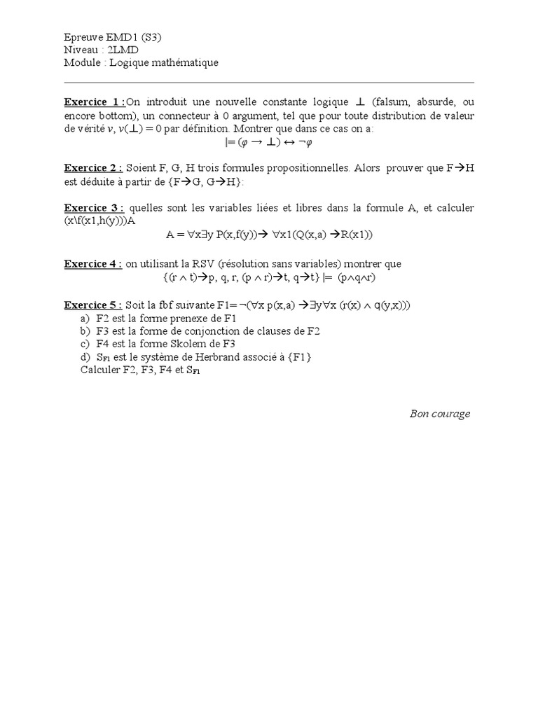 Logique mathématique : exercices EMD1 S3 | PDF | Logique mathématique ...