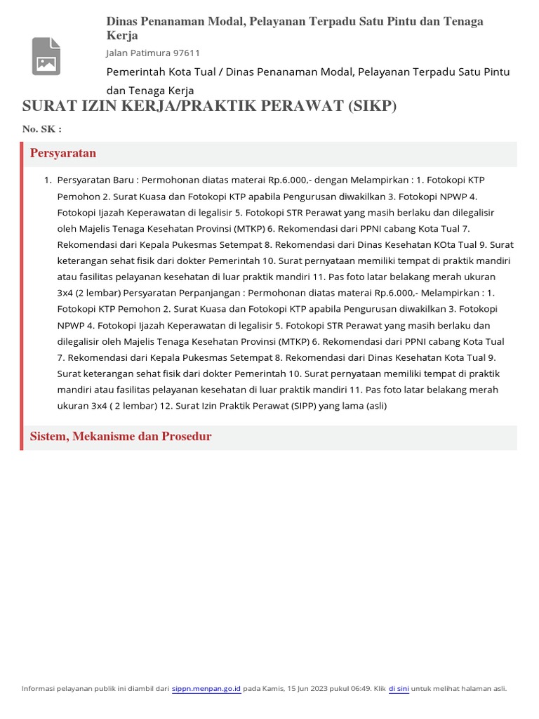 Unduh Standar Pelayanan - SURAT IZIN KERJA PRAKTIK PERAWAT (SIKP) | PDF