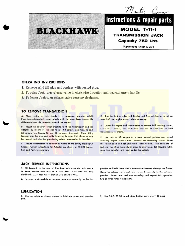Blackhawk T-11-1 Transmission Jack 0.25 Ton | PDF