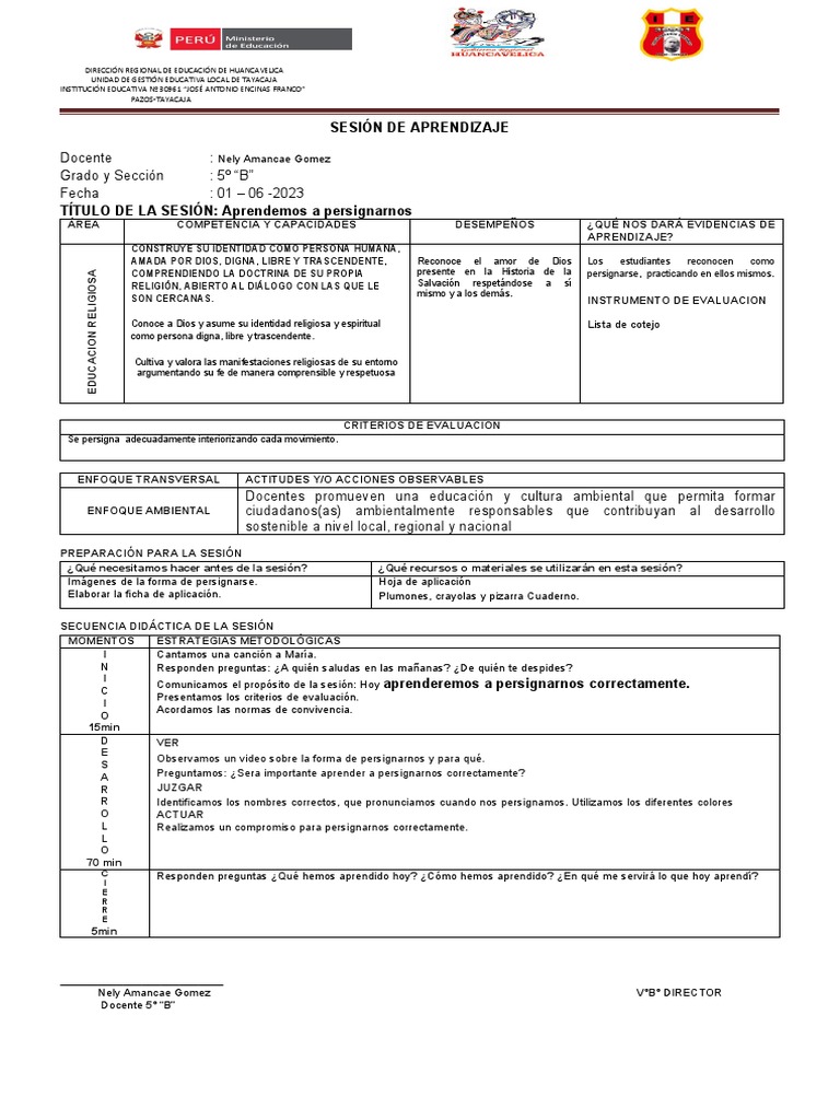 Sesión de Aprendizaje Persignarse | PDF