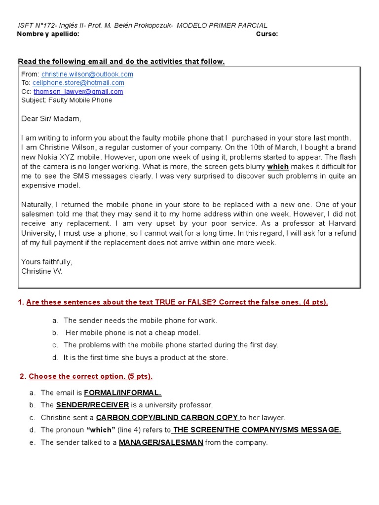 MODELO PRIMER PARCIAL INGLÉS 2 PDF English Language Linguistics