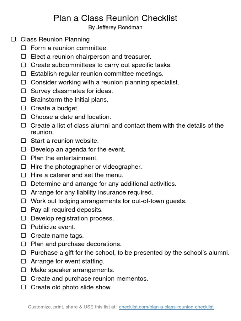 Class reunion checklist pdf